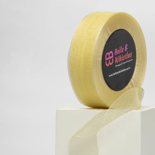 Image of Bells&Whistles Sheer Organza Ribbon | Pack of 2 | Length: 50 Yards Width: 1 inch | Christmas, Festive Decoration. (Lemon Yellow)