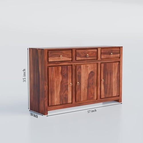 Image of Solid Sheesham Wood Sideboard Cabinet Storage with 3 Door & 3 Drawer Wooden Storage Organizer Cabinet for Home Kitchen Living Room Bedroom Hallway Dinning | Natural Honey Finish | Pre-Assembled