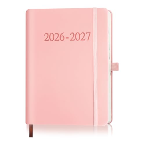 Academic Diary 2026-2027 Page A Day A5 Diary 2026-2027 Day Per Page from August 2026 to July 2027 Mid-Year Daily Planner for Office School & Work Pen Loop Elastic Strap Faux Leather Cover(Pink)