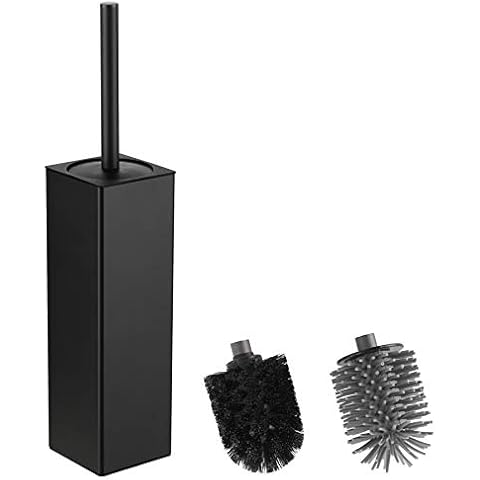 BGL Toilet Brush and Holder, Silicone Toilet Brush Holder 2 Brush Heads, Aluminum Square Loo Brush for Bathroom Cleaning, Toilet Brushes (Matte Black) Cover