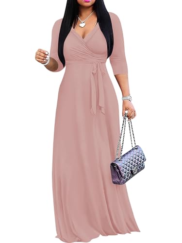 Image of PinkPatty Women's Plus Size Maxi Dresses Casual Flowy 3 /4 Sleeves Dress Printed Vacation Dress for Daily Wear with Belt