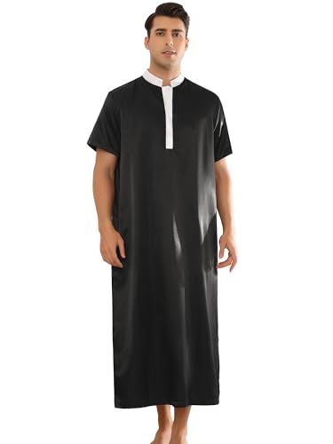 Lars Amadeus Nightshirts for Men's Short Sleeves Band Collar Sleep Shirts Satin Nightgown