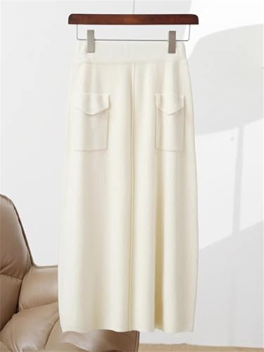 Women Autumn Winter Merino Wool Skirt Mid Length High Waist Solid Color Knitted Skirt with Pockets2