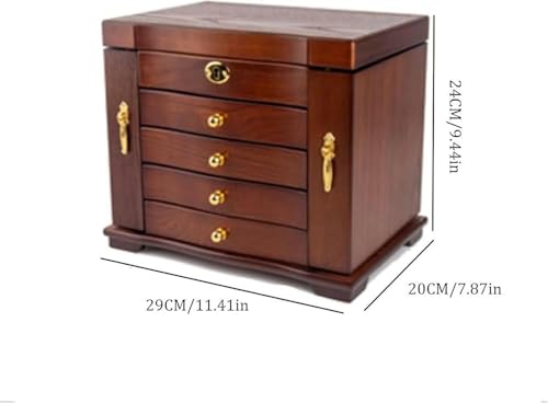 Elegancka drewniana szkatułka na biżuterię z 4 szufladami, zamkiem i lusterkiem – stylowy organizer z twardego drewna dla kobiet, idealna szkatułka na biżuterię i prezenty (kolor D) (E)