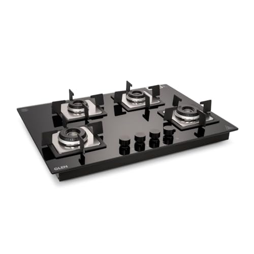 Image of Glen 4 Burner Premium Hobtop 70 cm Built in Hob | Auto Ignition | Italian SABAF Double Ring Burners | 8 mm Toughened Glass Top | Black | 2 Years Standard & 5 Years Glass Warranty (1074SQHTIN70)