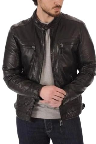 AJ Men's LEATHER Dark Brown Leather Biker Jacket with Zip Pockets S TO 2XL-picture-19