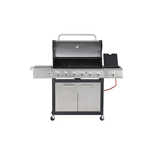 Kamino BBQ Gasgrillwagen Tennessee, 6 Brenner mit 1 Seitenbrenner, Edelstahl-mit Seitentisch, Grillstation, schwarz/silberfarben