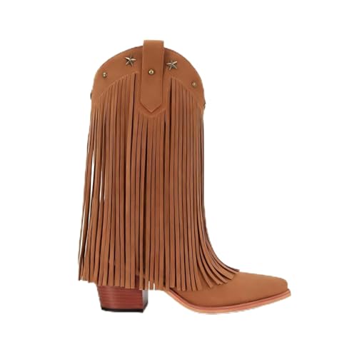 Image of Fringe Cowboy Boots for Women Mid Calf Cowgirl Boots with Star Studded Pointed Toe Pull on Chunky Heel Western Boots