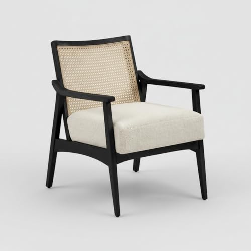 Image of APRODZ Mango Wood Arm Chair for Living Room with Cane Back & Wooden Armrest | Solid Wood Chair for Home Use Bedroom Dining Drawing Room and Balcony | Solid Wood Accent Chair, Black Finish