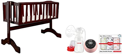 Image of Luvlap C-10 Baby Wooden Cot (Cherry Red, Small) & Adore Electric Breast Pump with 2 Phase Pumping, Digital Touch Screen, Smart Memory - 2pcs Breast Pads Free & Muslin Swaddle Animals White