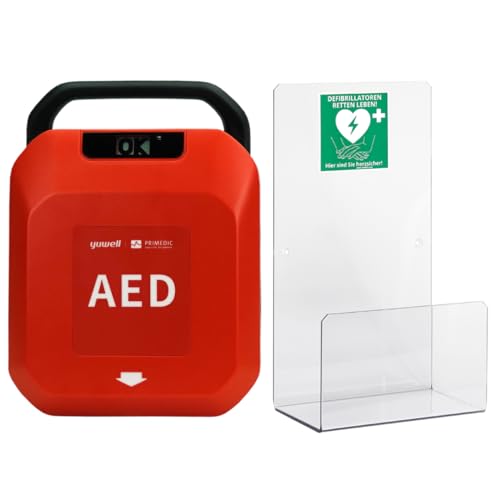 Erste Hilfe Defibrillator & Acrylhalterung für Zuhause/Gewerbe für Laien und Profis mit automatischer Schockabgabe Primedic HeartSave YA, 8 Jahre Garantie des Herstellers, Sprache: DE/EN