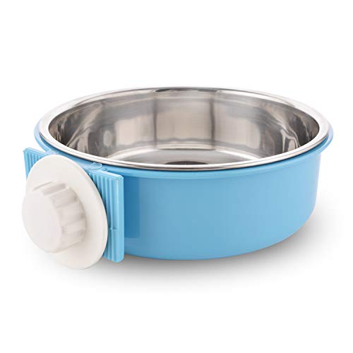 Crate Dog Bowl Removable Stainless Steel Water Food Feeder Bowls Cage Coop Cup for Cat Puppy Bird Pets (Large, Blue)