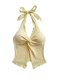 SHENHE Women's Twist Front Tie Halter Neck Split Hem Backless Summer Going Out Crop Top Yellow Large