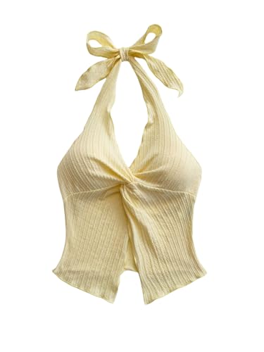 SHENHE Women's Twist Front Tie Halter Neck Split Hem Backless Summer Going Out Crop Top