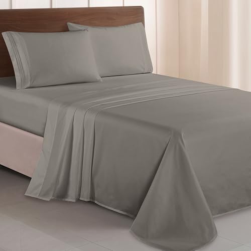 Elegant Comfort Luxurious 1500 Premium Hotel Quality Microfiber Three Line Embroidered Softest 4-Piece Bed Sheet Set, Wrinkle and Fade Resistant, King, Gray