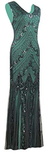 Image of Women Evening Maxi Long Dress 1920s Sequin Mermaid Hem Wedding Prom Gown Costume w / 20s Gatsby Accessories Set
