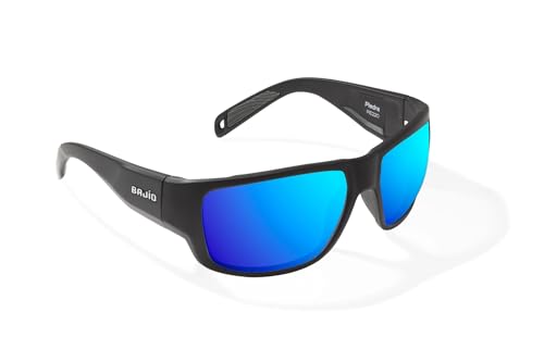 Bajío Piedra – Polarized Sunglasses – Black Matte – Blue Mirror Glass Lens – Medium Fit – Full Wrap Blue Light Blocking