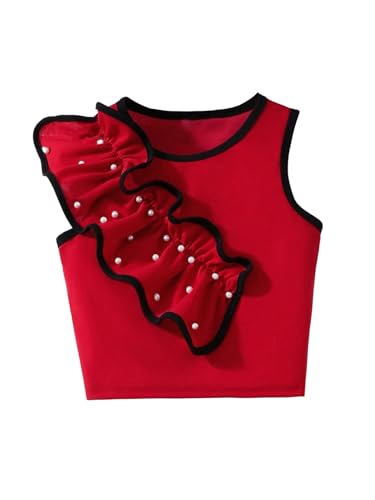 Image of OYOANGLE Girl's Pearl Beaded Asymmetrical Tank Top Ruffle Trim Sleeveless Crop Tops