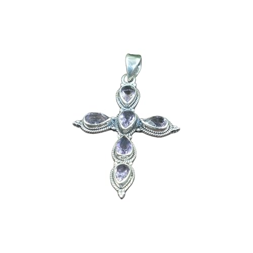 Amethyst Pure 925 Sterling Silver Cross Pendant Necklace Handmade Statement Design Purple Stone Pendant Birthday Gift Jewelry For Men And Women