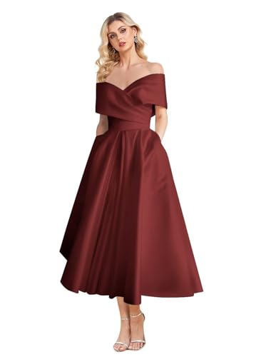 Image of Women's Off Shoulder Wedding Dress for Bride Tea Length A Line Satin Formal Prom Dresses with Pockets