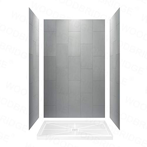 Woodbridge Solid Surface 3-Panel Shower Wall Kit, 32-In L X 60-In W X 96-In H, Stacked Block In A Staggered Vertical Pattern. Matte Finish, Grey #TOP6