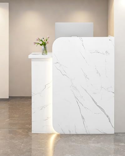 Reception Desk Office Checkout Counter, Modern Front Desk Reception Counter Desk with Lockable Drawer Simple Retail Counter for Retail, Lobby, Beauty Salon Clothing Store(Textured,32" Lx18 Wx39 H)