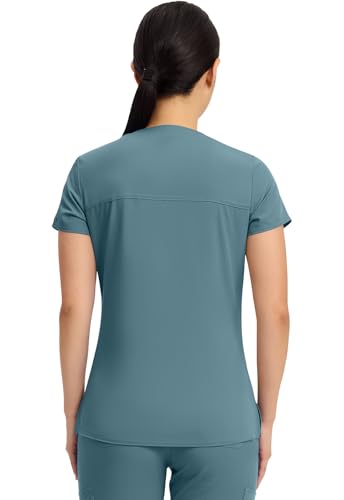 Image of Med Couture Women's V-Neck Scrub Top, Modern Fit Tuck-in Top with Stretchy Rib-Knit Shoulders and Chest Pocket - MC7448