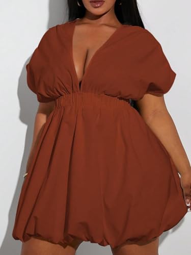 Image of WDIRARA Women's Plus Size Deep V Neck Bubble Dress Short Sleeve A Line Mini Dresses