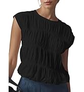 OLAPTA Women Shirred Tiered Tank Tops Crewneck Cap Sleeve Bubble Cute Babydoll Tee Shirts Summer ...