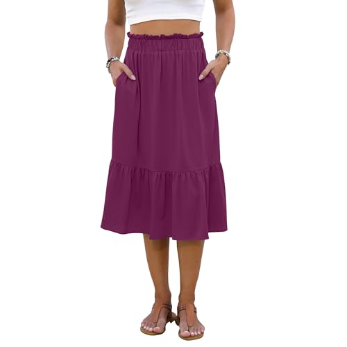 Women High Waist Pleated Midi Skirts A-Line Swing Skirts Summer Skirt with Pockets2