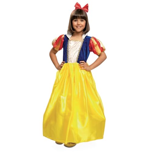 My Other Me - Disfarce branca de neve, tamanho 5-6 anos. Inclui diadema com laço e vestido com blusa azul com riscas brancas e douradas, gola branca tipo folhada, mangas às riscas e saia amarela.