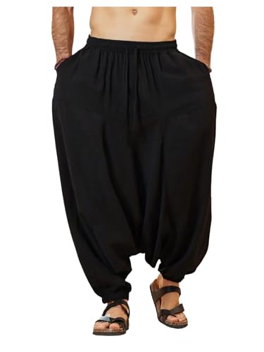 OYOANGLE Men's Hippie Harem Pants Elastic Drawstring Waist Loose Fit Drop Crotch Jogger Trousers