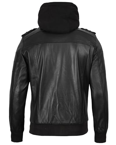 Image of fjackets Men Hooded Leather Jacket - Real Lambskin Men's Bomber Leather Jackets with Detachable Hood Stylish Casual Outerwear