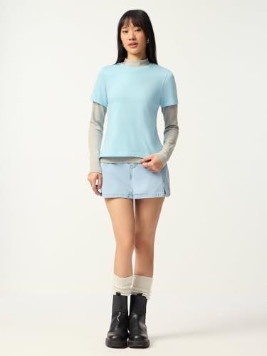 Image of The Souled Store Casual Classics: Women and Girls Short Sleeves Spread Collar Solid Cotton Regular Fit Breathable Lightweight Trendy Everyday T-Shirt