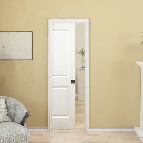 BARNSMITH 24in x 80in Sliding Pocket Door Raised 2-Panel Square Top Smooth White Primed Door Slab wtih Track Hardware and Frame Kits & Privacy Latch Soft Close Mechanism Durable and Smooth-Sliding