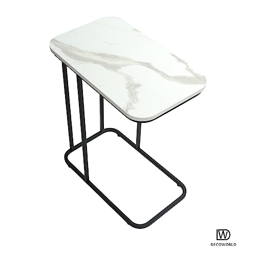 Image of DECOWORLD|| Premium Side Table || Metal Side Table with Wooden Top || End Table for Living Room, Sofa C Type Table or Bed Side Stand (White Marble Top Finish on Engineered Wood with Black Stand)