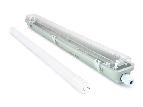 KOLORENO Set plafoniera stagna LED 60 cm IP65 con 1 tubo neon da 9W 3000K, lampada garage soffitto T8 per cantina, officina, corridoio, magazzino e locali tecnici interni