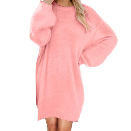 Pulloverkleid Damen Große Größen Plüsch Kleid Elegant Knielang Herbstkleid Einfarbig Fleece Sweatkleid Rundhals Pullover Minikleid Langarm...