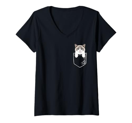 Mujer Cute Pocket Ragdoll Cat Lover Camiseta Cuello V