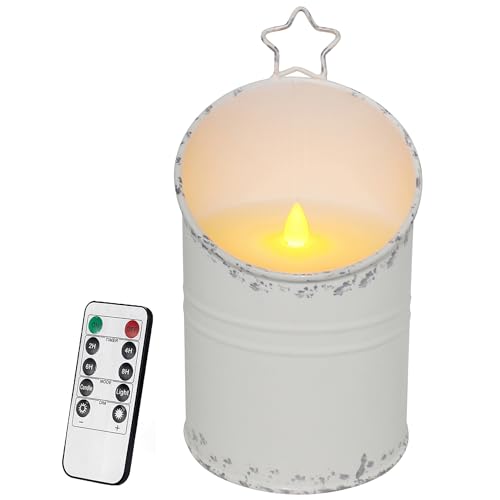 Image of CVHOMEDECO. Vintage Galvanized Can Flameless LED Candle, Real Wax in Antique Galvanized Jar Flickering Candle with Remote Control for Tabletop Wall Decor. H 8 Inch, Cream