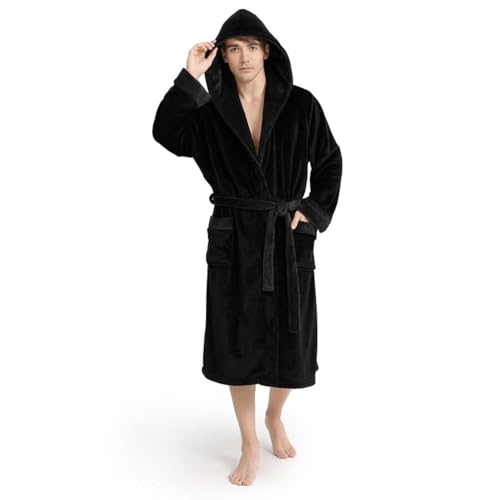 Yurhap Luxury Mens Robe with Hood, Ultra Cozy Fleece Bathrobe for Men, Plush Hooded Robe with Belt & 2 Pockets