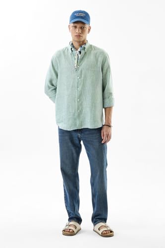 Image of SNITCH Men's Casual Shirt | Regular Fit Long Sleeve Button-Down Collar Striped Design | 100% Linen & Breathable Fabric for Spring & Summer Wear