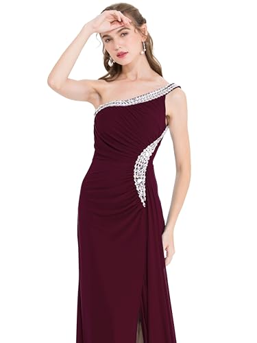 Angel-fashions Damen Abendkleid, einschultrig, Rüschen, Perlenband, weich, Weinrot, Größe 46, Weinrot, 48 DE