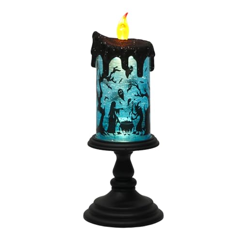 Image of Eldnacele Halloween Snow Globe Flameless Candle with Timer, Battery Operated Spooky Spinning Water Glittering Tornado Lamp LED Candlestick Table Fireplace Witch Decal Halloween Holiday Decoration