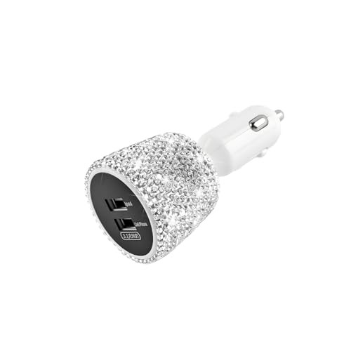Ankuee Bling USB Car Charger, 3.1A Dual Port Crystal Rhinestone Vehicle Fast Charger Adapter, Diamond Automotive Interior Charging Plug Decor, Universal for Most Smartphones (White)