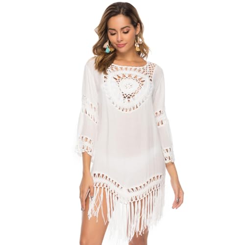 LWBTOSEE Swimsuit Coverups for Women Beach Dresses Beachwear Crochet Bikini with Loose Tassels (White)4
