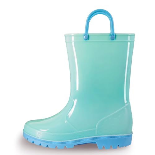 EUXTERPA Boys Girls Waterproof Rain Boots Kids Toddler Solid Color Boots with Easy On Handles, Light Blue-Blue, Big Kid Size 1
