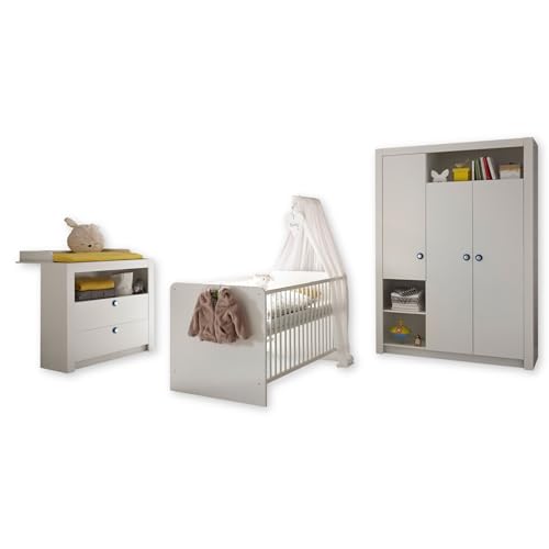 Stella Trading Paula Babyzimmer Komplett-Set in Wei&szlig; - Babyzimmer M&ouml;bel-Set 3-teilig bestehend aus Kleiderschrank, Babybett & Wickelkommode