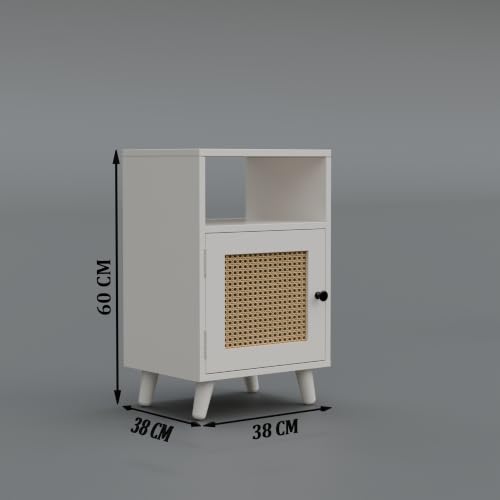 Image of Solid Sheesham Wood Bedside Table with Natural Cane Rattan Door & Open Shelf | Wooden Nightstand with Storage Cabinet | End Table for Bedroom (White)