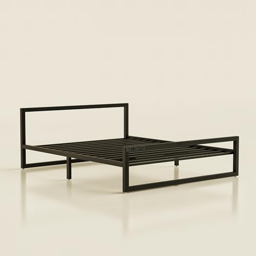 Image of Bed Queen Size Metal Frame | Heavy Duty Steel Platform Double Cot | Steel Floor Frame with Queen Slats |Metal Iron Bed| Noise Free & No Box Spring Needed | Home, Hotel, Hostel & Guest Room | Black